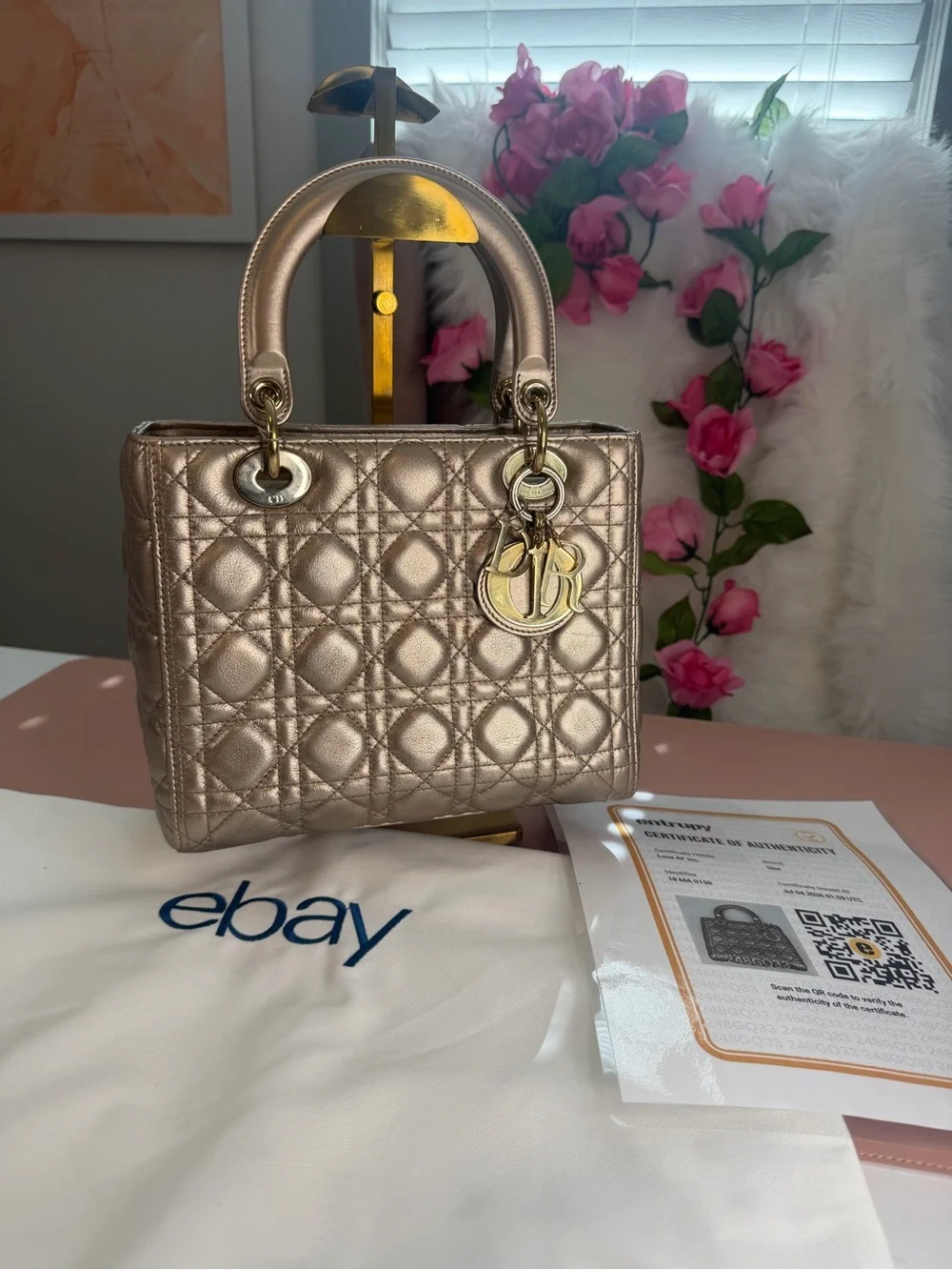 Christian Dior Metallic Lambskin Cannage Medium Lady Dior Bag w/ COA